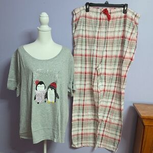 Sleep Brand Grey Penguin Print Pajama Set with Plaid Pants